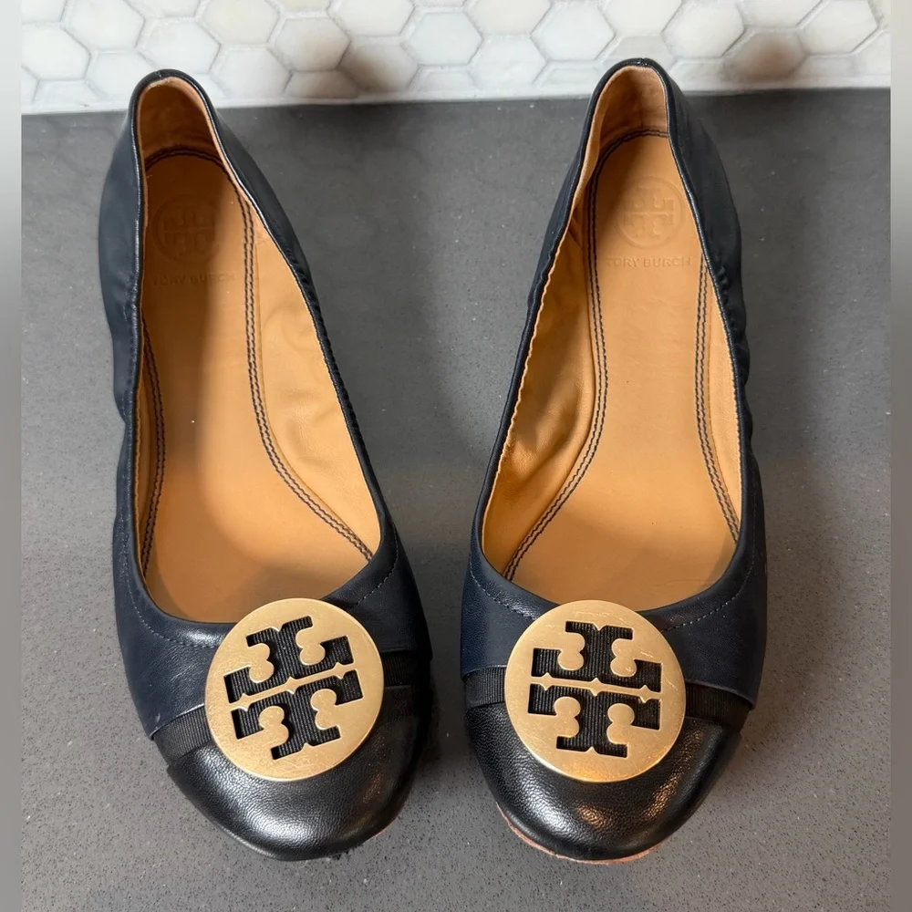Tory Burch Minnie Cap Toe Travel Ballet Flats in Navy & Black Sz 7.5 EUC